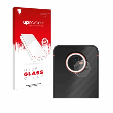 Face avant d’un emballage produit avec le logo de la marque upscreen. À côté, l’appareil Gigaset GX4 (Caméra UNIQUEMENT) est r