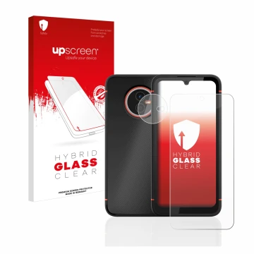 Face avant d’un emballage produit avec le logo de la marque upscreen. À côté, l’appareil Gigaset GX4 (Avant+Caméra) est représ