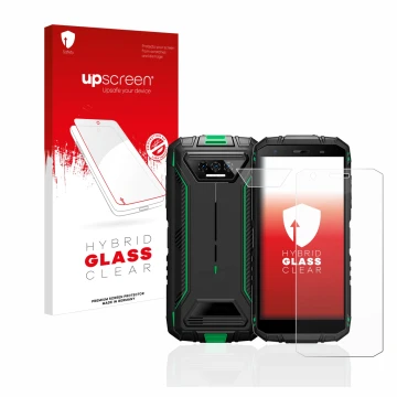 Face avant d’un emballage produit avec le logo de la marque upscreen. À côté, l’appareil Doogee S41 Pro (Avant+Caméra) est rep