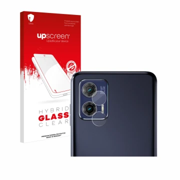 Face avant d’un emballage produit avec le logo de la marque upscreen. À côté, l’appareil Motorola Moto G73 5G (Caméra UNIQUEME