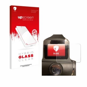 Face avant d’un emballage produit avec le logo de la marque upscreen. À côté, l’appareil Motocaddy M1 DHC Electric Trolley est