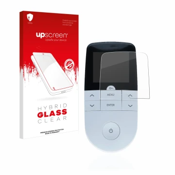 Face avant d’un emballage produit avec le logo de la marque upscreen. À côté, l’appareil Beurer EM 49 Digital TENS/EMS est rep