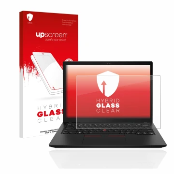 Face avant d’un emballage produit avec le logo de la marque upscreen. À côté, l’appareil Lenovo ThinkPad X13 Gen 3 est représe