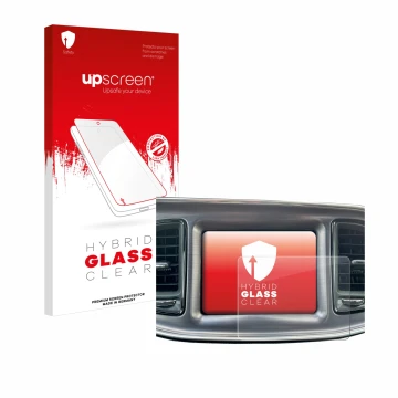 Face avant d’un emballage produit avec le logo de la marque upscreen. À côté, l’appareil Dodge Challenger Uconnect 8.4
