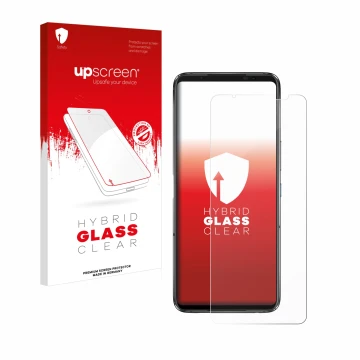 Face avant d’un emballage produit avec le logo de la marque upscreen. À côté, l’appareil ASUS ROG Phone 7 Ultimate est représe