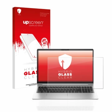 Face avant d’un emballage produit avec le logo de la marque upscreen. À côté, l’appareil HP ProBook 450 G10 est représenté ave