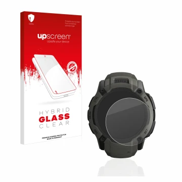 Face avant d’un emballage produit avec le logo de la marque upscreen. À côté, l’appareil Garmin Instinct 2X Solar est représen