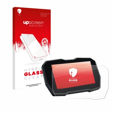 Face avant d’un emballage produit avec le logo de la marque upscreen. À côté, l’appareil Ducati Multistrada V4 2021+ est repré