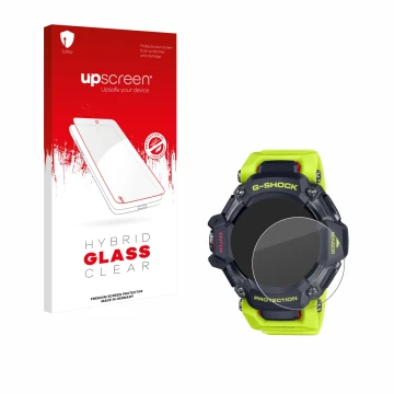 Face avant d’un emballage produit avec le logo de la marque upscreen. À côté, l’appareil Casio G-Shock GBD-H2000 est représent