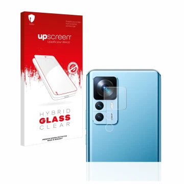 Face avant d’un emballage produit avec le logo de la marque upscreen. À côté, l’appareil Xiaomi 12T (Caméra UNIQUEMENT) est re