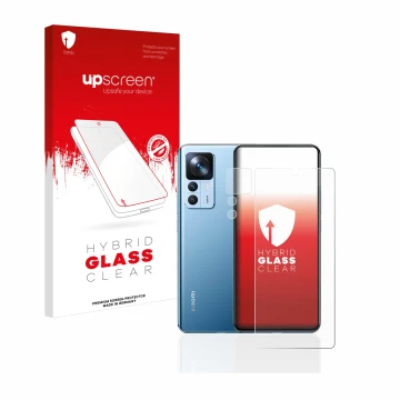Face avant d’un emballage produit avec le logo de la marque upscreen. À côté, l’appareil Xiaomi 12T (Avant+Caméra) est représe