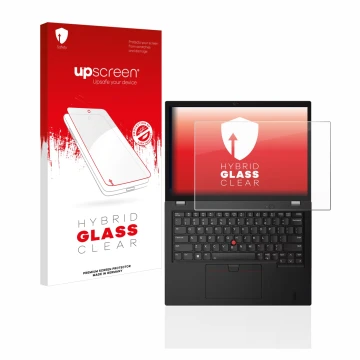 Face avant d’un emballage produit avec le logo de la marque upscreen. À côté, l’appareil Lenovo Thinkpad L13 Gen 3 est représe