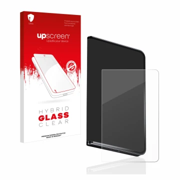 Face avant d’un emballage produit avec le logo de la marque upscreen. À côté, l’appareil Ledger Stax crypto wallet est représe