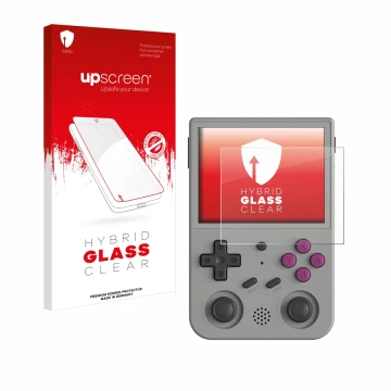 Face avant d’un emballage produit avec le logo de la marque upscreen. À côté, l’appareil Anbernic RG353V est représenté avec l