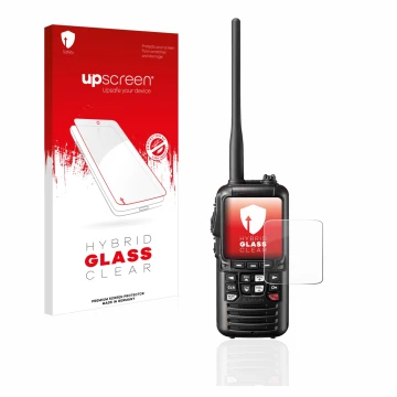 Face avant d’un emballage produit avec le logo de la marque upscreen. À côté, l’appareil Standard Horizon HX890 est représenté