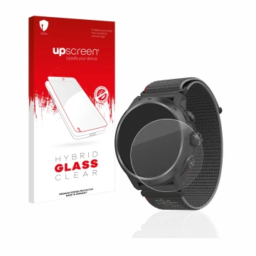 Face avant d’un emballage produit avec le logo de la marque upscreen. À côté, l’appareil Coros Apex 2 Pro est représenté avec 