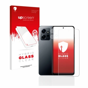 Face avant d’un emballage produit avec le logo de la marque upscreen. À côté, l’appareil Xiaomi Redmi Note 12 4G (Avant+Caméra
