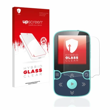 Face avant d’un emballage produit avec le logo de la marque upscreen. À côté, l’appareil AGPtek A65X MP3 Player with clip est 