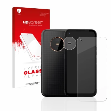 Face avant d’un emballage produit avec le logo de la marque upscreen. À côté, l’appareil Gigaset GX6 (Avant+Caméra) est représ