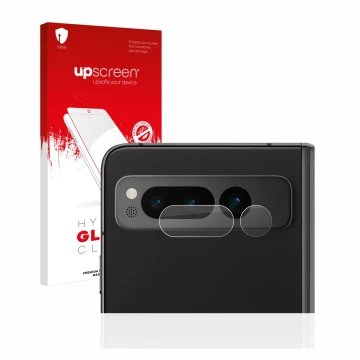 Face avant d’un emballage produit avec le logo de la marque upscreen. À côté, l’appareil Google Pixel Fold (Caméra UNIQUEMENT)