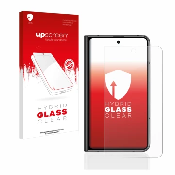 Face avant d’un emballage produit avec le logo de la marque upscreen. À côté, l’appareil Google Pixel Fold (Affichage externe)