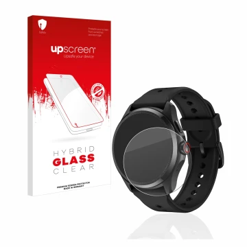 Face avant d’un emballage produit avec le logo de la marque upscreen. À côté, l’appareil Mobvoi TicWatch Pro 5 est représenté 
