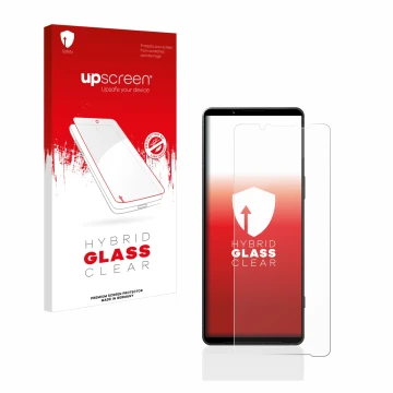 Face avant d’un emballage produit avec le logo de la marque upscreen. À côté, l’appareil Sony Xperia 1 V est représenté avec l