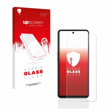 Face avant d’un emballage produit avec le logo de la marque upscreen. À côté, l’appareil Oppo A98 5G est représenté avec la pr
