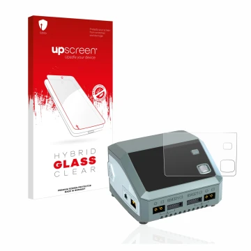 Face avant d’un emballage produit avec le logo de la marque upscreen. À côté, l’appareil SkyRc D200 neo est représenté avec la