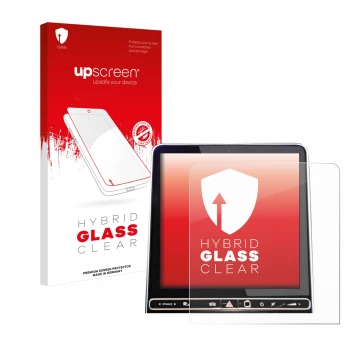 Face avant d’un emballage produit avec le logo de la marque upscreen. À côté, l’appareil Mercedes-Benz GLC X254 GPS Navigation