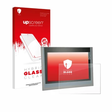 Face avant d’un emballage produit avec le logo de la marque upscreen. À côté, l’appareil Siemens Simatic TP1200 Comfort 12