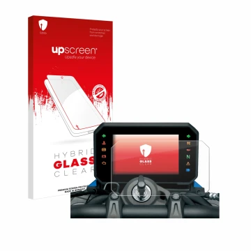Face avant d’un emballage produit avec le logo de la marque upscreen. À côté, l’appareil Suzuki GSX-8S 2023 est représenté ave