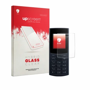 Face avant d’un emballage produit avec le logo de la marque upscreen. À côté, l’appareil Nokia 110 4G (2023) est représenté av