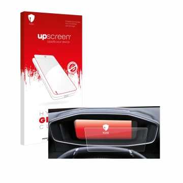 Face avant d’un emballage produit avec le logo de la marque upscreen. À côté, l’appareil Peugeot 2008 2022 Cockpit est représe