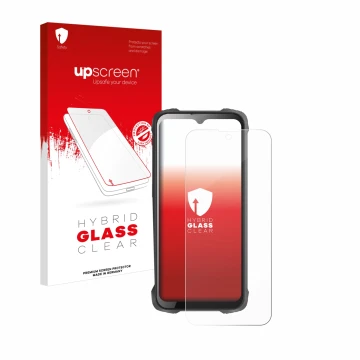 Face avant d’un emballage produit avec le logo de la marque upscreen. À côté, l’appareil Cubot King Kong 9 est représenté avec