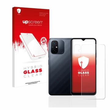 Face avant d’un emballage produit avec le logo de la marque upscreen. À côté, l’appareil Xiaomi Redmi 12C (Avant+Caméra) est r