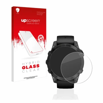 Face avant d’un emballage produit avec le logo de la marque upscreen. À côté, l’appareil Garmin Epix Pro (Gen 2) (47 mm) est r