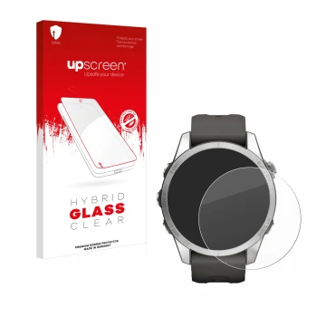 Face avant d’un emballage produit avec le logo de la marque upscreen. À côté, l’appareil Garmin Fenix 7S Pro Solar (42 mm) est