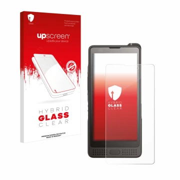 Face avant d’un emballage produit avec le logo de la marque upscreen. À côté, l’appareil Sonim XP10 est représenté avec la pro