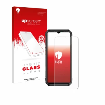 Face avant d’un emballage produit avec le logo de la marque upscreen. À côté, l’appareil Ulefone Power Armor 19T est représent