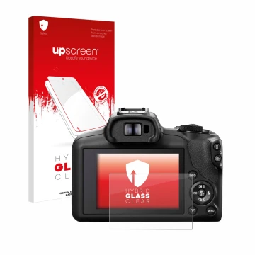 Face avant d’un emballage produit avec le logo de la marque upscreen. À côté, l’appareil Canon EOS R100 est représenté avec la