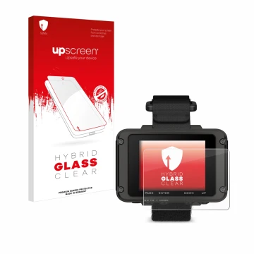 Face avant d’un emballage produit avec le logo de la marque upscreen. À côté, l’appareil Garmin Foretrex 801 est représenté av