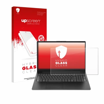 Face avant d’un emballage produit avec le logo de la marque upscreen. À côté, l’appareil Lenovo V15 G4 AMN est représenté avec