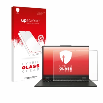 Face avant d’un emballage produit avec le logo de la marque upscreen. À côté, l’appareil ASUS Vivobook S 16 Flip OLED TP3604 e