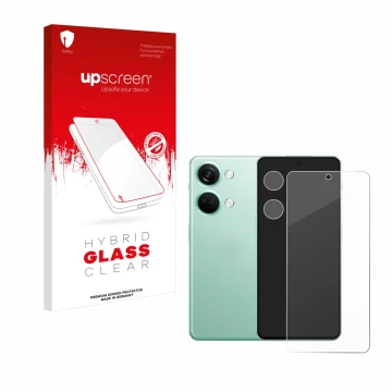 Face avant d’un emballage produit avec le logo de la marque upscreen. À côté, l’appareil OnePlus Nord 3 5G (Avant+Caméra) est 
