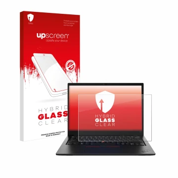 Face avant d’un emballage produit avec le logo de la marque upscreen. À côté, l’appareil Lenovo ThinkPad L13 Gen 4 Touch est r