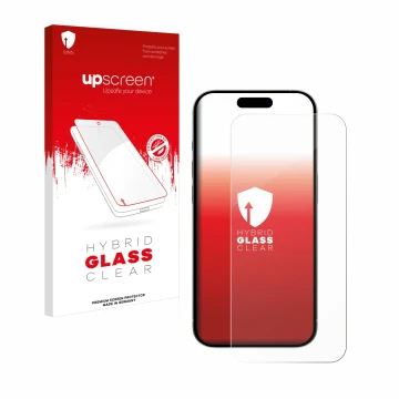 Face avant d’un emballage produit avec le logo de la marque upscreen. À côté, l’appareil Apple iPhone 15 Plus est représenté a