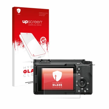 Face avant d’un emballage produit avec le logo de la marque upscreen. À côté, l’appareil Sony Alpha ZV-E1 est représenté avec 