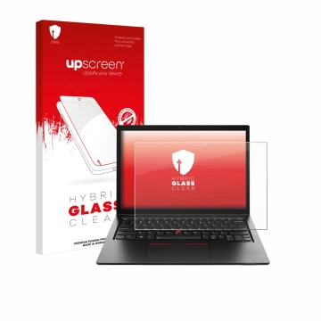 Face avant d’un emballage produit avec le logo de la marque upscreen. À côté, l’appareil Lenovo ThinkPad L13 Yoga Gen 4 est re