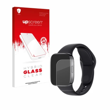 Face avant d’un emballage produit avec le logo de la marque upscreen. À côté, l’appareil Xiaomi Redmi Watch 3 est représenté a